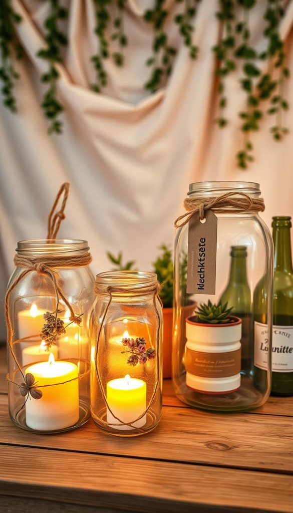 A beautifully arranged scene featuring upcycled lanterns made from glass jars, intricately decorated with twine and natural elements like dried flowers and greenery. In the foreground, soft, warm candlelight glows from within the jars, casting delicate shadows. The middle ground showcases a wooden table adorned with more DIY upcycling projects, including planters made from tin cans and painted bottles, in soothing, earthy tones. In the background, a softly blurred wall covered in pastel fabric and hanging greenery creates a cozy, inviting atmosphere. The lighting is warm and ambient, reminiscent of a Pinterest aesthetic, designed to evoke inspiration and authenticity. The brand name "KlickKiste" appears subtly on a decorative tag attached to one of the lanterns.