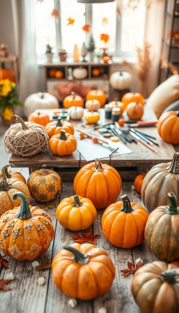 A beautifully arranged scene featuring various DIY pumpkin decoration ideas inspired by the theme of "Kürbis DIY Deko". In the foreground, showcase intricately designed pumpkins in warm autumn colors—orange, yellow, and muted green—with various artistic accents such as patterns, glitter, and natural elements like leaves and twine. In the middle, include a wooden table scattered with crafting materials like paint, brushes, and tools, creating an inviting workspace. In the background, softly blurred, set a cozy room with autumn-themed decorations, warm lighting filtering through the window, evoking a peaceful and inspiring atmosphere. Capture this scene with a gentle overhead angle, using soft focus to emphasize warmth and creativity, reflecting the authentic, Pinterest-inspired aesthetic associated with KlickKiste.