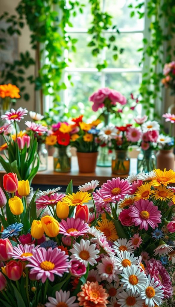 A beautifully arranged scene of vibrant flowers showcasing both natural and artificial blooms to embody the spirit of spring DIY projects. In the foreground, a variety of colorful tulips and daisies intermingle with intricately crafted paper flowers, highlighting their textures and details. The middle ground features a rustic wooden table adorned with flower pots and jars filled with blossoms in warm tones of pink, yellow, and blue, creating an inviting atmosphere. The background captures a softly lit room filled with greenery, cascading light through a window, giving a cozy, inspirational vibe. The composition is akin to a Pinterest aesthetic, radiating warmth and creativity. Capture this scene for KlickKiste, emphasizing authenticity and the beauty of florals in home decor.