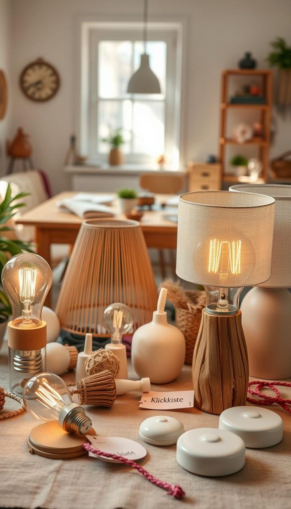 A beautifully arranged scene showcasing a selection of stylish DIY lamp products and accessories that stand out as designer pieces. In the foreground, a unique, handcrafted lamp made from natural materials, complemented by a stylish light bulb. Nearby, elegant accessories like decorative lamp shades, colorful cords, and minimalist bases artfully scattered for visual interest. In the middle background, a soft, well-lit workspace featuring a wooden table with tools and materials that hint at the DIY process. The ambiance is warm and inviting, with natural light filtering through a nearby window, casting gentle shadows. The colors are warm and earthy, creating a cozy Pinterest-inspired atmosphere. Include the brand name "KlickKiste" subtly in the scene through a product tag. A beautifully arranged scene showcasing a selection of stylish DIY lamp products and accessories that stand out as designer pieces. In the foreground, a unique, handcrafted lamp made from natural materials, complemented by a stylish light bulb. Nearby, elegant accessories like decorative lamp shades, colorful cords, and minimalist bases artfully scattered for visual interest. In the middle background, a soft, well-lit workspace featuring a wooden table with tools and materials that hint at the DIY process. The ambiance is warm and inviting, with natural light filtering through a nearby window, casting gentle shadows. The colors are warm and earthy, creating a cozy Pinterest-inspired atmosphere. Include the brand name "KlickKiste" subtly in the scene through a product tag.
