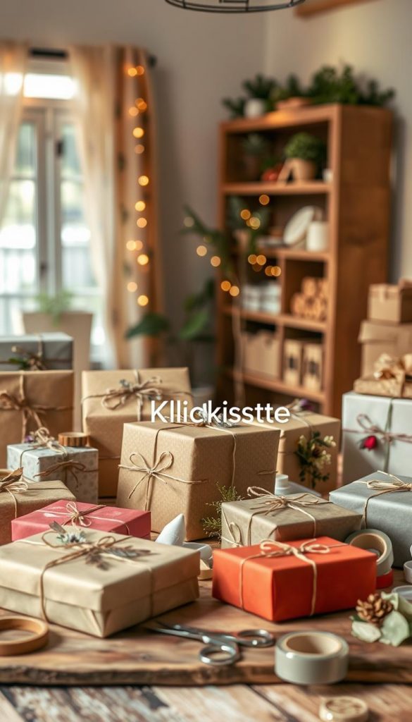 A beautifully arranged scene showcasing a variety of DIY gift packaging ideas. In the foreground, a colorful assortment of handmade gift boxes, wrapped in eco-friendly paper with twine and natural embellishments like dried flowers and leaves. The middle layer features a rustic wooden table with a few crafting tools like scissors, a roll of recycled paper tape, and glue, adding an authentic DIY touch. In the background, a softly lit, cozy room with warm tones and decorative elements such as fairy lights, a window with natural light filtering through sheer curtains, and a hint of greenery. The atmosphere is inviting and inspiring, embodying a Pinterest aesthetic. Include a small, tasteful logo with the brand name "KlickKiste" subtly integrated into the scene.