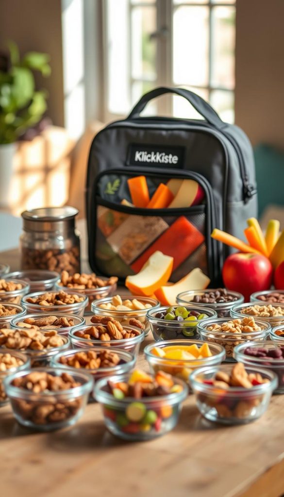 A beautifully arranged scene showcasing a variety of healthy snacks that avoid strong odors and mess. In the foreground, there are small, clear containers filled with colorful, non-perishable snacks like nuts, dried fruits, and granola bars, meticulously organized on a rustic wooden table. The middle ground features a stylish, insulated lunch bag, slightly open to reveal fresh fruits like apple slices and carrots, emphasizing freshness. In the background, soft, natural light filters through a window, casting warm, inviting shadows. The overall atmosphere is warm and inspiring, with a Pinterest aesthetic. Include the brand "KlickKiste" subtly displayed in the lunch bag’s design, ensuring it complements the scene rather than distracting from it. A beautifully arranged scene showcasing a variety of healthy snacks that avoid strong odors and mess. In the foreground, there are small, clear containers filled with colorful, non-perishable snacks like nuts, dried fruits, and granola bars, meticulously organized on a rustic wooden table. The middle ground features a stylish, insulated lunch bag, slightly open to reveal fresh fruits like apple slices and carrots, emphasizing freshness. In the background, soft, natural light filters through a window, casting warm, inviting shadows. The overall atmosphere is warm and inspiring, with a Pinterest aesthetic. Include the brand "KlickKiste" subtly displayed in the lunch bag’s design, ensuring it complements the scene rather than distracting from it.