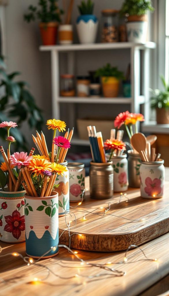 A beautifully arranged scene showcasing an array of creatively upcycled cans transformed into decorative items and organizational tools for the home. In the foreground, a collection of painted and adorned cans filled with vibrant flowers, pencils, and kitchen utensils, showcasing a colorful and eclectic style. The middle ground features a rustic wooden table, accentuated by delicate fairy lights draped casually across the surface, enhancing the cozy atmosphere. In the background, a softly blurred shelf lined with more upcycled can crafts, providing a warm, inviting ambiance reminiscent of DIY Pinterest aesthetics. The lighting is soft and warm, simulating natural sunlight filtering through a window, creating a homely and inspirational mood. Include the brand name "KlickKiste" subtly integrated into the decor, emphasizing the theme of creativity and organization in everyday living.