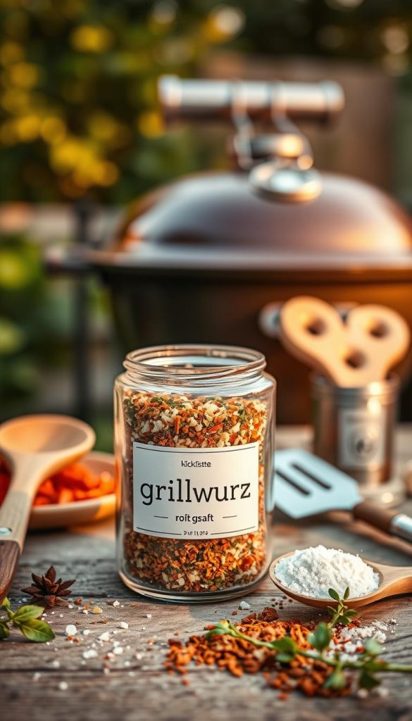 A beautifully arranged scene showcasing "grillgewürz" in a glass jar, highlighted in the foreground. The jar, labeled with the brand "KlickKiste," is filled with a vibrant mix of spices including coarse salt, paprika, garlic powder, and herbs, creating a warm and inviting color palette. The middle ground features rustic wooden utensils and a grill tool set, suggesting a DIY grilling atmosphere. In the background, a softly blurred outdoor setting with hints of a barbecue grill and green foliage adds a touch of nature, enhancing the Pinterest-inspired aesthetic. The lighting is warm and golden, mimicking sunset tones, casting gentle shadows and creating a cozy, inspiring mood. Capture this scene from a slightly angled overhead perspective to emphasize the jar and its contents.