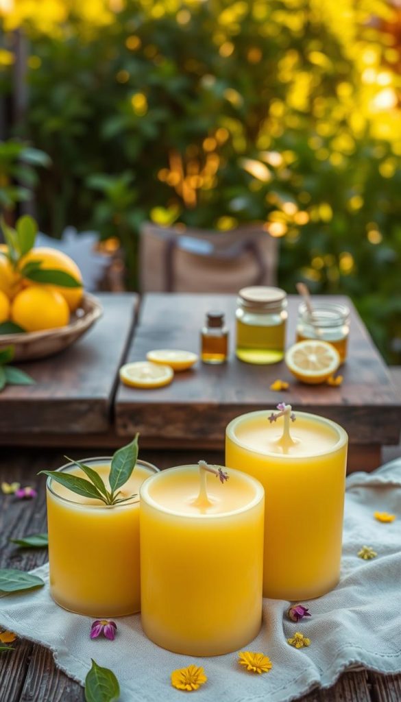 A beautifully arranged scene showcasing handmade lemon and citronella scented candles by "KlickKiste." In the foreground, vibrant, yellow candles with natural, rustic textures, adorned with sprigs of fresh lemon leaves and delicate flower petals. The middle ground features a cozy wooden table with a few scattered lemon slices and small glass jars filled with essential oils, emphasizing a natural DIY aesthetic. The background consists of a soft-focus garden setting with lush greenery, enhancing the citrus theme. Golden hour lighting bathes the scene in warm, inviting hues, creating an authentic and inspiring atmosphere. The composition should evoke a sense of tranquility and creativity, perfect for a DIY ambiance, capturing the essence of citrus and nature.