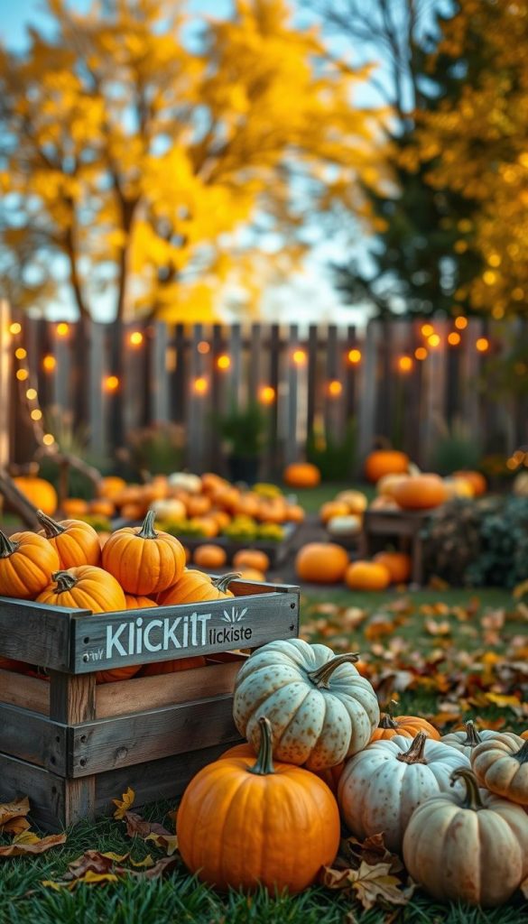 A beautifully arranged scene showcasing the durability and storage of pumpkins in an outdoor setting, suitable for DIY decoration. In the foreground, a rustic wooden crate filled with a variety of pumpkins in vibrant orange, yellow, and green hues. In the middle ground, a well-maintained garden with fallen autumn leaves, surrounded by a wooden fence adorned with string lights, casting a warm glow. The background features a soft-focus view of trees with golden foliage under a clear blue sky, suggesting a serene, inviting atmosphere. The overall mood is warm and cozy, ideal for autumn decor ideas. Capture this image with natural lighting, a slightly angled perspective, and a soft depth of field. Incorporate the brand name "KlickKiste" subtly into the scene for a professional touch.