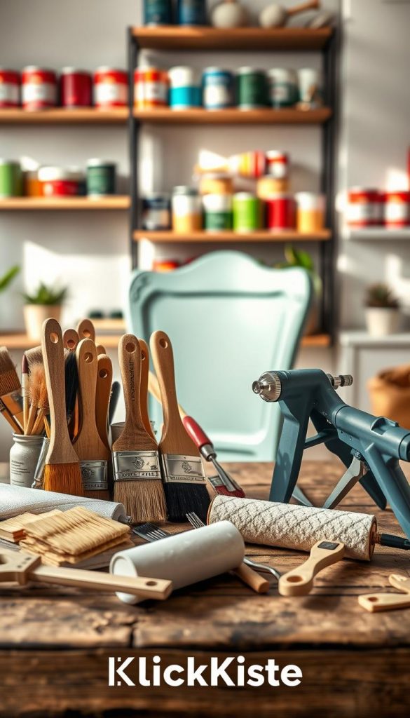 A beautifully arranged scene showcasing various painting tools for furniture upgrades. In the foreground, a collection of brushes, rollers, and a spray gun are artfully displayed on a rustic wooden table. The brushes vary in size, some with fine bristles for delicate edges, while others are larger for broad strokes. In the middle, a painted piece of furniture, like a vintage chair or table, demonstrates a smooth finish on one side and an intricate corner detailing. The background features softly blurred shelves adorned with colorful paint cans, evoking a warm, inviting atmosphere. Natural light floods the scene, casting gentle shadows and highlighting the textures. The overall mood is inspiring and DIY-friendly, reminiscent of a Pinterest aesthetic, with the brand name "KlickKiste" subtly integrated into the arrangement. A beautifully arranged scene showcasing various painting tools for furniture upgrades. In the foreground, a collection of brushes, rollers, and a spray gun are artfully displayed on a rustic wooden table. The brushes vary in size, some with fine bristles for delicate edges, while others are larger for broad strokes. In the middle, a painted piece of furniture, like a vintage chair or table, demonstrates a smooth finish on one side and an intricate corner detailing. The background features softly blurred shelves adorned with colorful paint cans, evoking a warm, inviting atmosphere. Natural light floods the scene, casting gentle shadows and highlighting the textures. The overall mood is inspiring and DIY-friendly, reminiscent of a Pinterest aesthetic, with the brand name "KlickKiste" subtly integrated into the arrangement.