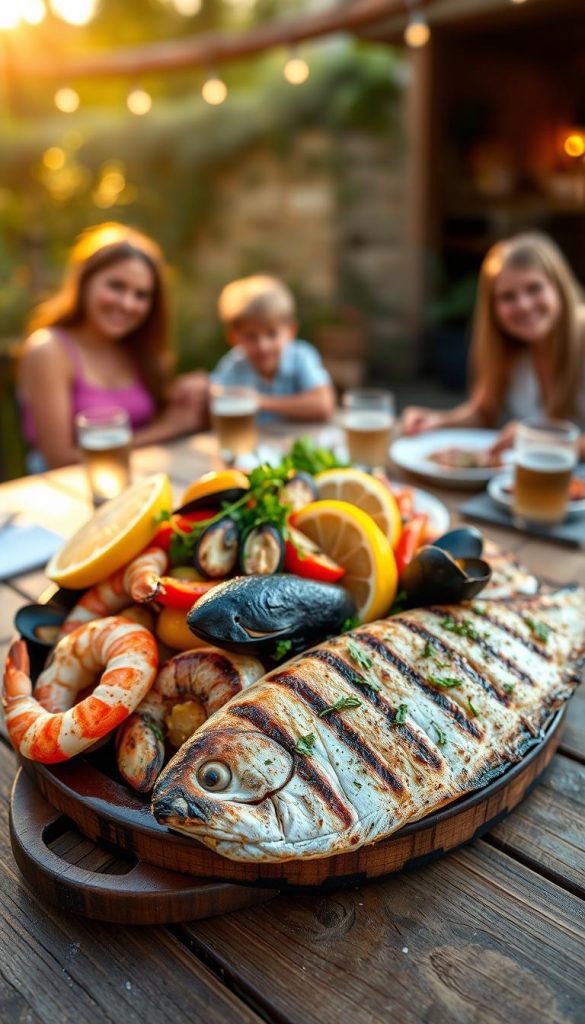 A beautifully arranged seafood platter showcasing grilled fish, shrimp, and mussels, perched elegantly on a rustic wooden table. In the foreground, succulent pieces of grilled fish, garnished with fresh herbs and lemon slices, glisten in the warm sunlight. The middle layer includes vibrant roasted vegetables like bell peppers and zucchini, adding color and texture. In the background, a cozy outdoor grill setting is illuminated by soft, golden hour lighting, with hints of greenery and a cheerful family enjoying their meal. The mood is warm and inviting, evoking a sense of togetherness and family bonding over delicious food. The image should embody a Pinterest-worthy aesthetic, rich in natural colors, and reflect the brand "KlickKiste." A beautifully arranged seafood platter showcasing grilled fish, shrimp, and mussels, perched elegantly on a rustic wooden table. In the foreground, succulent pieces of grilled fish, garnished with fresh herbs and lemon slices, glisten in the warm sunlight. The middle layer includes vibrant roasted vegetables like bell peppers and zucchini, adding color and texture. In the background, a cozy outdoor grill setting is illuminated by soft, golden hour lighting, with hints of greenery and a cheerful family enjoying their meal. The mood is warm and inviting, evoking a sense of togetherness and family bonding over delicious food. The image should embody a Pinterest-worthy aesthetic, rich in natural colors, and reflect the brand "KlickKiste."