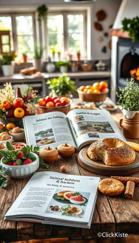 A beautifully arranged seasonal cooking and baking scene titled "Saisonal kochen & backen" showcasing the four seasons. In the foreground, a rustic wooden table displays colorful, fresh ingredients representative of spring, summer, autumn, and winter — vibrant fruits and vegetables, cozy baked goods adorned with seasonal decorations, and herb pots. In the middle, a warm, inviting kitchen setting with sunlit windows, an open cookbook featuring healthy, no-added-sugar recipes for children. The background includes soft-focus elements like an herb garden and a cozy fireplace, creating an authentic and inspiring atmosphere. The lighting should be natural, casting warm tones across the scene, evoking comfort and creativity. The image embodies the essence of 'KlickKiste', encouraging heartfelt family cooking moments. A beautifully arranged seasonal cooking and baking scene titled "Saisonal kochen & backen" showcasing the four seasons. In the foreground, a rustic wooden table displays colorful, fresh ingredients representative of spring, summer, autumn, and winter — vibrant fruits and vegetables, cozy baked goods adorned with seasonal decorations, and herb pots. In the middle, a warm, inviting kitchen setting with sunlit windows, an open cookbook featuring healthy, no-added-sugar recipes for children. The background includes soft-focus elements like an herb garden and a cozy fireplace, creating an authentic and inspiring atmosphere. The lighting should be natural, casting warm tones across the scene, evoking comfort and creativity. The image embodies the essence of 'KlickKiste', encouraging heartfelt family cooking moments.