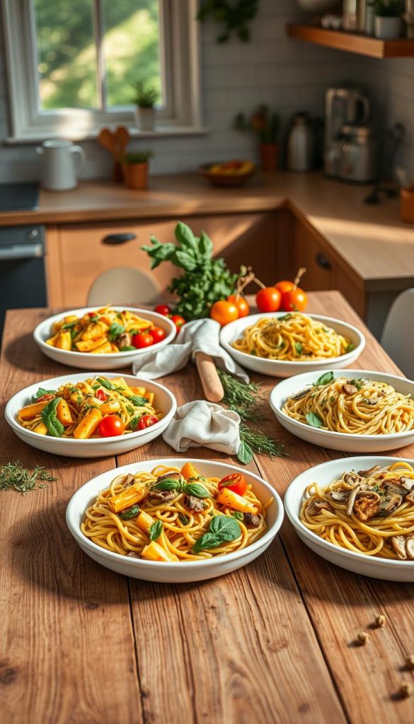 A beautifully arranged seasonal cooking scene showcasing fresh pasta dishes inspired by spring, summer, autumn, and winter. In the foreground, a rustic wooden table holds four vibrant, colorful plates of pasta—green basil pesto for spring, bright cherry tomatoes and herbs for summer, roasted butternut squash and sage for autumn, and creamy mushroom pasta for winter. In the middle ground, fresh seasonal ingredients like herbs, vegetables, and spices are artfully scattered around, with a soft linen napkin and wooden utensils enhancing the rustic charm. The background features a softly lit kitchen, with warm sunlight streaming through a window, casting gentle shadows and creating an inviting atmosphere. This image captures the essence of seasonal cooking in under 20 minutes, perfect for the brand "KlickKiste". A beautifully arranged seasonal cooking scene showcasing fresh pasta dishes inspired by spring, summer, autumn, and winter. In the foreground, a rustic wooden table holds four vibrant, colorful plates of pasta—green basil pesto for spring, bright cherry tomatoes and herbs for summer, roasted butternut squash and sage for autumn, and creamy mushroom pasta for winter. In the middle ground, fresh seasonal ingredients like herbs, vegetables, and spices are artfully scattered around, with a soft linen napkin and wooden utensils enhancing the rustic charm. The background features a softly lit kitchen, with warm sunlight streaming through a window, casting gentle shadows and creating an inviting atmosphere. This image captures the essence of seasonal cooking in under 20 minutes, perfect for the brand "KlickKiste".