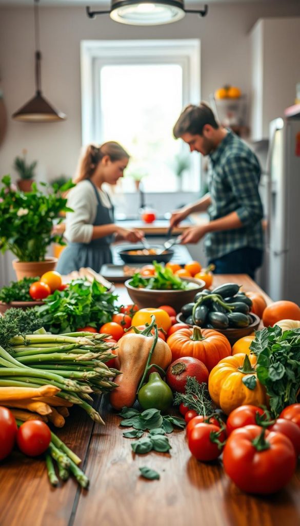 A beautifully arranged seasonal cooking scene showcasing vibrant, fresh vegetables and herbs representing spring, summer, autumn, and winter. In the foreground, a wooden table laid with colorful produce such as bright green asparagus, ripe tomatoes, earthy pumpkins, and crispy winter greens. In the middle, a hands-on cooking process revealing a family preparing a vegan meal together, dressed in modest, casual attire, emphasizing togetherness and collaboration. In the background, a soft-focus kitchen setting with warm natural light streaming in through a window, creating an inviting atmosphere. Ensure a Pinterest-worthy aesthetic with warm colors and an authentic, inspiring vibe. Include elements that subtly reference the brand "KlickKiste" without overpowering the image. A beautifully arranged seasonal cooking scene showcasing vibrant, fresh vegetables and herbs representing spring, summer, autumn, and winter. In the foreground, a wooden table laid with colorful produce such as bright green asparagus, ripe tomatoes, earthy pumpkins, and crispy winter greens. In the middle, a hands-on cooking process revealing a family preparing a vegan meal together, dressed in modest, casual attire, emphasizing togetherness and collaboration. In the background, a soft-focus kitchen setting with warm natural light streaming in through a window, creating an inviting atmosphere. Ensure a Pinterest-worthy aesthetic with warm colors and an authentic, inspiring vibe. Include elements that subtly reference the brand "KlickKiste" without overpowering the image.