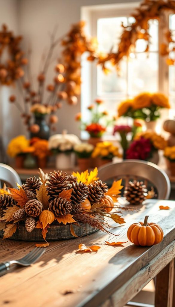 A beautifully arranged seasonal décor scene showcasing warm autumn hues, featuring deep oranges, rich browns, and soft golds. In the foreground, a rustic wooden table is adorned with a centerpiece made of pine cones, dried leaves, and small pumpkins, reflecting a DIY aesthetic. The middle ground includes a soft-focus array of seasonal potted plants, like mums and asters, that evoke a cozy, inviting atmosphere. In the background, a softly lit window casts gentle sunlight, creating a warm glow that enhances the inviting mood. The setup has a Pinterest-worthy charm, combining authenticity with an artistic flair. The overall ambiance is inspiring and perfect for showcasing modern color combinations, representing the brand KlickKiste.