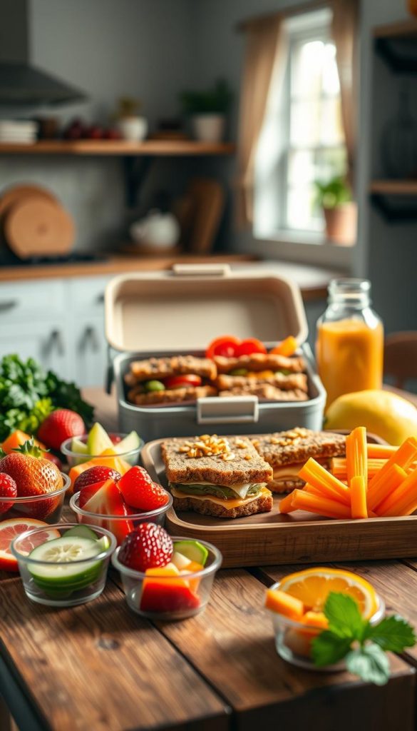 A beautifully arranged seasonal lunchbox displayed on a rustic wooden table, featuring a variety of colorful, healthy ingredients. In the foreground, vibrant slices of fresh fruits like strawberries, apples, and oranges, alongside small containers filled with crunchy vegetables such as carrots and cucumber. In the middle ground, a charming representation of a KlickKiste lunchbox, opened to reveal whole-grain sandwiches with seasonal toppings, and a sprinkle of nuts and seeds for added texture. The background softly blurred, depicting a cozy kitchen with natural light filtering in through a window, creating a warm, inviting atmosphere. The colors should be rich and warm, reflecting an authentic, Pinterest-inspired aesthetic that conveys inspiration and creativity in meal preparation for children. A beautifully arranged seasonal lunchbox displayed on a rustic wooden table, featuring a variety of colorful, healthy ingredients. In the foreground, vibrant slices of fresh fruits like strawberries, apples, and oranges, alongside small containers filled with crunchy vegetables such as carrots and cucumber. In the middle ground, a charming representation of a KlickKiste lunchbox, opened to reveal whole-grain sandwiches with seasonal toppings, and a sprinkle of nuts and seeds for added texture. The background softly blurred, depicting a cozy kitchen with natural light filtering in through a window, creating a warm, inviting atmosphere. The colors should be rich and warm, reflecting an authentic, Pinterest-inspired aesthetic that conveys inspiration and creativity in meal preparation for children.