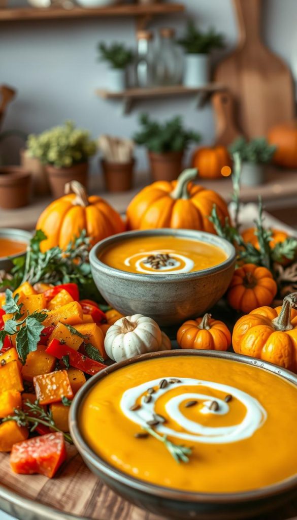 A beautifully arranged seasonal platter featuring various pumpkin dishes, suitable for children. In the foreground, display a vibrant roasted pumpkin salad with colorful bell peppers and fresh herbs. In the middle, include a creamy pumpkin soup served in a rustic bowl, garnished with a swirl of cream and toasted seeds. Surround this with small, festive autumn-themed decorations, like miniature pumpkins and sprigs of rosemary. The background should present a softly lit kitchen scene with wooden elements, warm lighting, and a hint of greenery from potted plants. The atmosphere should feel cozy and inviting, evoking a sense of seasonal warmth. Aim for a natural, Pinterest-inspired look with a warm color palette. No text or logos visible, but subtly include "KlickKiste" products in the presentation, enhancing the authentic feel of the setting.