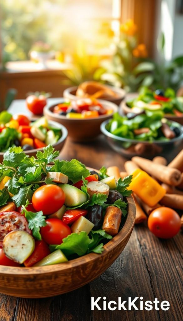 A beautifully arranged seasonal salad representing spring, summer, autumn, and winter, featuring fresh ingredients like vibrant greens, ripe tomatoes, colorful bell peppers, rich avocados, and hearty root vegetables. In the foreground, focus on a wooden bowl overflowing with these ingredients, garnished with herbs. In the middle, a rustic wooden table is set with a variety of salad bowls, each displaying distinct colors and textures reflecting the seasons. In the background, softly blurred, a sunlit garden or a cozy kitchen setting enhances the warm atmosphere. The lighting is natural and inviting, with soft shadows emphasizing the freshness of the ingredients. The image captures a Pinterest-worthy aesthetic that feels authentic and inspiring, branded subtly with "KlickKiste" in the forefront. A beautifully arranged seasonal salad representing spring, summer, autumn, and winter, featuring fresh ingredients like vibrant greens, ripe tomatoes, colorful bell peppers, rich avocados, and hearty root vegetables. In the foreground, focus on a wooden bowl overflowing with these ingredients, garnished with herbs. In the middle, a rustic wooden table is set with a variety of salad bowls, each displaying distinct colors and textures reflecting the seasons. In the background, softly blurred, a sunlit garden or a cozy kitchen setting enhances the warm atmosphere. The lighting is natural and inviting, with soft shadows emphasizing the freshness of the ingredients. The image captures a Pinterest-worthy aesthetic that feels authentic and inspiring, branded subtly with "KlickKiste" in the forefront.