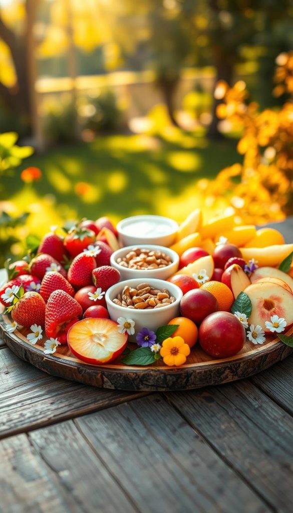 A beautifully arranged seasonal snack platter featuring fresh, vibrant fruits representing each season: spring strawberries, summer peaches, autumn apples, and winter citrus. In the foreground, the fruits are artfully arranged on a rustic wooden board, with delicate edible flowers adding a pop of color. In the middle, there are small bowls of yogurt and nuts, enhancing the healthy snack theme. The background features a soft-focus garden setting with warm sunlight filtering through trees, creating a serene and inviting atmosphere. The lighting is bright and natural, evoking a cheerful mood, and the composition is shot at eye level to emphasize the freshness of the ingredients. The overall aesthetic is authentic and inspiring, resembling a Pinterest-worthy image, aligning with the brand "KlickKiste". A beautifully arranged seasonal snack platter featuring fresh, vibrant fruits representing each season: spring strawberries, summer peaches, autumn apples, and winter citrus. In the foreground, the fruits are artfully arranged on a rustic wooden board, with delicate edible flowers adding a pop of color. In the middle, there are small bowls of yogurt and nuts, enhancing the healthy snack theme. The background features a soft-focus garden setting with warm sunlight filtering through trees, creating a serene and inviting atmosphere. The lighting is bright and natural, evoking a cheerful mood, and the composition is shot at eye level to emphasize the freshness of the ingredients. The overall aesthetic is authentic and inspiring, resembling a Pinterest-worthy image, aligning with the brand "KlickKiste".