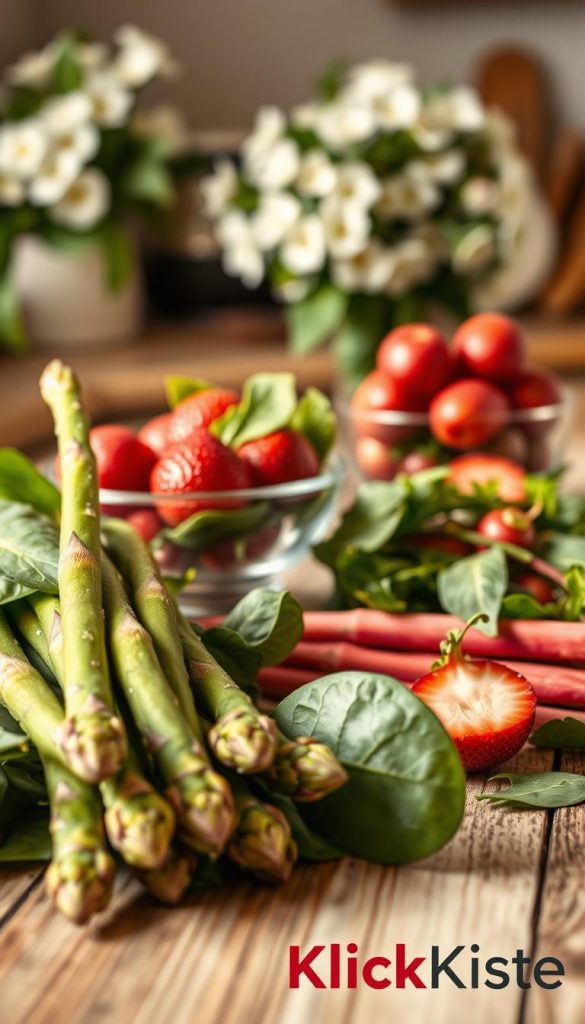 A beautifully arranged seasonal spring bounty featuring vibrant green asparagus and fresh spinach, placed artistically on a rustic wooden kitchen table. In the foreground, capture a close-up of the tender asparagus spears glistening with dew, surrounded by lush spinach leaves. The middle ground showcases a delicate glass bowl of strawberries and rhubarb, adding a pop of red to the composition, while a sprinkle of arugula leaves enhances the freshness. The background features softly blurred spring blossoms, creating a warm, inviting atmosphere. The lighting is natural and warm, reminiscent of golden hour, creating a cozy and inspiring Pinterest-like aesthetic. The image should evoke feelings of freshness and health, suitable for a spring-themed article. Branding element: “KlickKiste,” subtly woven into the scene without being overtly visible. A beautifully arranged seasonal spring bounty featuring vibrant green asparagus and fresh spinach, placed artistically on a rustic wooden kitchen table. In the foreground, capture a close-up of the tender asparagus spears glistening with dew, surrounded by lush spinach leaves. The middle ground showcases a delicate glass bowl of strawberries and rhubarb, adding a pop of red to the composition, while a sprinkle of arugula leaves enhances the freshness. The background features softly blurred spring blossoms, creating a warm, inviting atmosphere. The lighting is natural and warm, reminiscent of golden hour, creating a cozy and inspiring Pinterest-like aesthetic. The image should evoke feelings of freshness and health, suitable for a spring-themed article. Branding element: “KlickKiste,” subtly woven into the scene without being overtly visible.