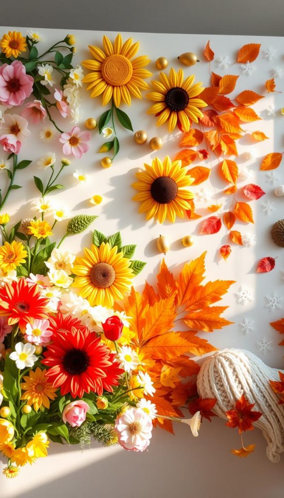 A beautifully arranged seasonal wall decoration display that captures the essence of spring, summer, autumn, and winter. In the foreground, vibrant spring flowers in pastel colors delicately intermingle with lush greenery and cheerful sun motifs. The middle ground showcases summer elements like sunflowers and fruit motifs, adorned with beachy decor. As the eye moves to the background, rich autumn leaves in warm hues of orange and red transition into a serene winter scene filled with snowflakes and cozy knit elements. The lighting is soft and warm, casting a natural glow over the whole scene, evoking a cozy and inviting atmosphere. The overall composition has an authentic DIY feel with a Pinterest-inspired aesthetic. This image reflects the brand "KlickKiste" and exudes inspiration for seasonal wall decor trends.