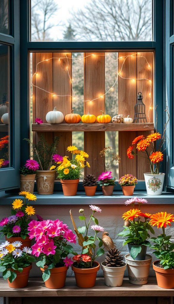 A beautifully arranged seasonal windowsill display, showcasing vibrant spring and summer decorations, with elements suggesting a transition towards autumn and winter. In the foreground, a collection of colorful flowerpots filled with blooming flowers, complemented by handmade crafts in warm tones. The middle features a rustic wooden shelf adorned with delicate fairy lights, small pumpkins, and pinecones, blending the seasons seamlessly. In the background, natural light pours in through the window, creating a soft, inviting atmosphere. The overall mood exudes warmth and inspiration, ideal for a cozy home. The image should reflect a Pinterest aesthetic, embodying the brand "KlickKiste" with an emphasis on authenticity and DIY charm. A beautifully arranged seasonal windowsill display, showcasing vibrant spring and summer decorations, with elements suggesting a transition towards autumn and winter. In the foreground, a collection of colorful flowerpots filled with blooming flowers, complemented by handmade crafts in warm tones. The middle features a rustic wooden shelf adorned with delicate fairy lights, small pumpkins, and pinecones, blending the seasons seamlessly. In the background, natural light pours in through the window, creating a soft, inviting atmosphere. The overall mood exudes warmth and inspiration, ideal for a cozy home. The image should reflect a Pinterest aesthetic, embodying the brand "KlickKiste" with an emphasis on authenticity and DIY charm.