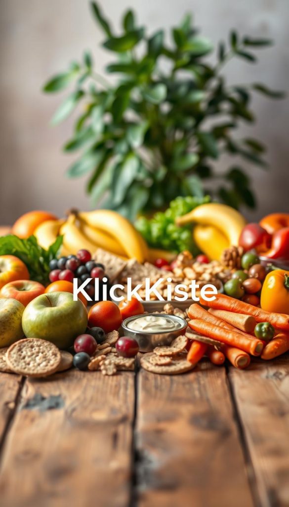 A beautifully arranged selection of budget-friendly snack ingredients on a rustic wooden table. In the foreground, vibrant, fresh fruits like apples, bananas, and seasonal berries, interspersed with colorful vegetables such as bell peppers and carrots. The middle ground features a variety of affordable pantry staples like whole grain crackers, legumes, and a small bowl of hummus. In the background, softly blurred, there's a lush green plant adding a touch of freshness and warmth to the ambiance. The scene is bathed in soft, natural lighting to enhance the warm color palette, creating an inviting and inspiring atmosphere. Shot with a shallow depth of field, emphasizing the textures of the ingredients. Incorporate the brand name "KlickKiste" subtly within the arrangement, ensuring it enhances the composition without overpowering it.