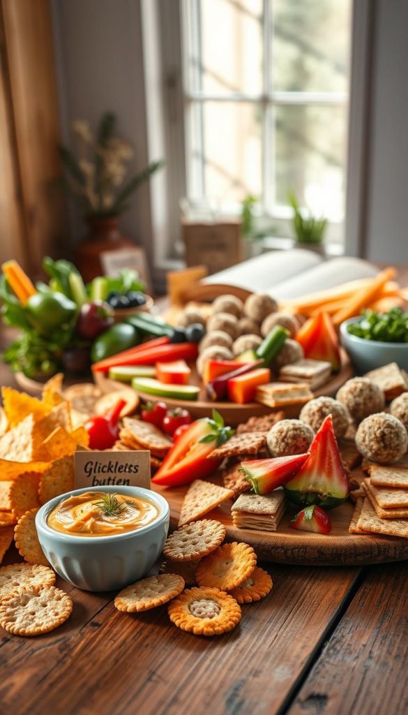 A beautifully arranged selection of gluten-free snacks on a rustic wooden table, showcasing vibrant colors and textures. In the foreground, focus on an assortment of gluten-free crackers, colorful vegetable sticks, and a small bowl of hummus, with sprigs of fresh herbs for garnish. In the middle, display various healthy snacks like fruit slices and gluten-free energy balls, artfully placed on a wooden platter, adding a sense of abundance. The background features soft, natural light filtering through a window, casting warm shadows to enhance the inviting atmosphere. The entire scene radiates an authentic, inspiring vibe, reminiscent of a Pinterest-style aesthetic. Incorporate subtle elements like a small sign or label with the brand name "KlickKiste" to unify the theme.