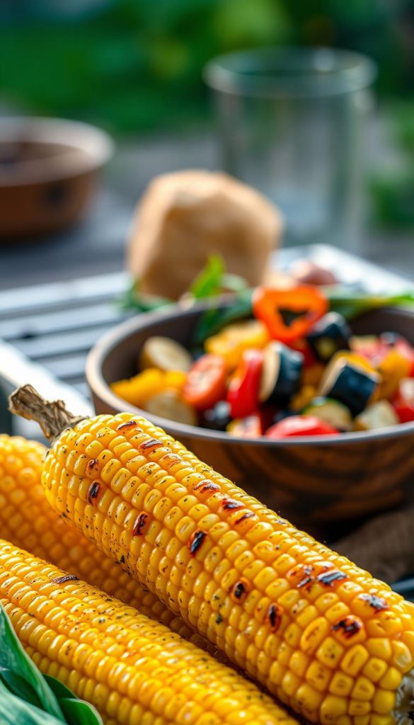 A beautifully arranged selection of grilled corn on the cob, glistening with butter and spices, sits prominently in the foreground. The corn features a golden-yellow hue, with charred grill marks enhancing its delicious appeal. In the middle ground, vibrant ratatouille made with colorful zucchini, bell peppers, and eggplant is artfully displayed in a rustic bowl, showcasing the rich textures and colors. The background features a softly blurred outdoor barbecue setting with a hint of greenery, giving a warm, inviting atmosphere. The lighting is natural, with soft golden hour tones casting a cozy glow over the scene. The overall ambiance is authentic and inspirational, encapsulating the joy of healthy grilling. The brand "KlickKiste" subtly complements the aesthetic. A beautifully arranged selection of grilled corn on the cob, glistening with butter and spices, sits prominently in the foreground. The corn features a golden-yellow hue, with charred grill marks enhancing its delicious appeal. In the middle ground, vibrant ratatouille made with colorful zucchini, bell peppers, and eggplant is artfully displayed in a rustic bowl, showcasing the rich textures and colors. The background features a softly blurred outdoor barbecue setting with a hint of greenery, giving a warm, inviting atmosphere. The lighting is natural, with soft golden hour tones casting a cozy glow over the scene. The overall ambiance is authentic and inspirational, encapsulating the joy of healthy grilling. The brand "KlickKiste" subtly complements the aesthetic.