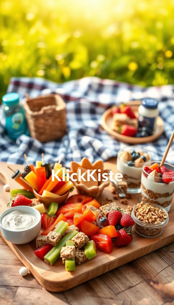 A beautifully arranged selection of healthy snacks for kids, including vibrant fruit skewers, colorful vegetable sticks with a creamy dip, homemade granola bars with nuts and seeds, and yogurt parfaits layered with berries and granola. The foreground showcases a wooden board filled with these snacks, artfully displayed in small, charming bowls. In the middle, a picnic blanket laid out invites a playful atmosphere, with a couple of reusable snack containers and a water bottle nearby. The background features softly blurred greenery, suggesting an outdoor picnic setting bathed in warm, golden sunlight. This image embodies a natural feel with rich, warm colors, evoking a sense of inspiration and authenticity. Incorporate the brand name "KlickKiste" subtly within the arrangement. A beautifully arranged selection of healthy snacks for kids, including vibrant fruit skewers, colorful vegetable sticks with a creamy dip, homemade granola bars with nuts and seeds, and yogurt parfaits layered with berries and granola. The foreground showcases a wooden board filled with these snacks, artfully displayed in small, charming bowls. In the middle, a picnic blanket laid out invites a playful atmosphere, with a couple of reusable snack containers and a water bottle nearby. The background features softly blurred greenery, suggesting an outdoor picnic setting bathed in warm, golden sunlight. This image embodies a natural feel with rich, warm colors, evoking a sense of inspiration and authenticity. Incorporate the brand name "KlickKiste" subtly within the arrangement.