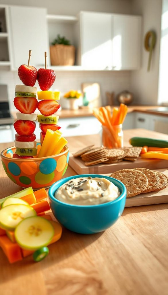 A beautifully arranged selection of healthy, sugar-free snacks for kids, inspired by the brand "KlickKiste." In the foreground, vibrant fruit skewers made with slices of strawberries, bananas, and kiwi, alongside crunchy vegetable sticks of carrot and cucumber served in a colorful bowl. In the middle, a quick assembly of whole-grain crackers topped with creamy hummus and sprinkled with seeds. The background features a bright, well-lit kitchen with a wooden table, fostering a warm and inviting atmosphere. Soft natural light streams through a window, casting gentle shadows that enhance the cozy feel. The scene evokes a sense of quick, healthy options that busy parents can prepare in under 15 minutes, with a Pinterest-worthy aesthetic, showcasing a colorful and appealing presentation of nutritious snacks. A beautifully arranged selection of healthy, sugar-free snacks for kids, inspired by the brand "KlickKiste." In the foreground, vibrant fruit skewers made with slices of strawberries, bananas, and kiwi, alongside crunchy vegetable sticks of carrot and cucumber served in a colorful bowl. In the middle, a quick assembly of whole-grain crackers topped with creamy hummus and sprinkled with seeds. The background features a bright, well-lit kitchen with a wooden table, fostering a warm and inviting atmosphere. Soft natural light streams through a window, casting gentle shadows that enhance the cozy feel. The scene evokes a sense of quick, healthy options that busy parents can prepare in under 15 minutes, with a Pinterest-worthy aesthetic, showcasing a colorful and appealing presentation of nutritious snacks.