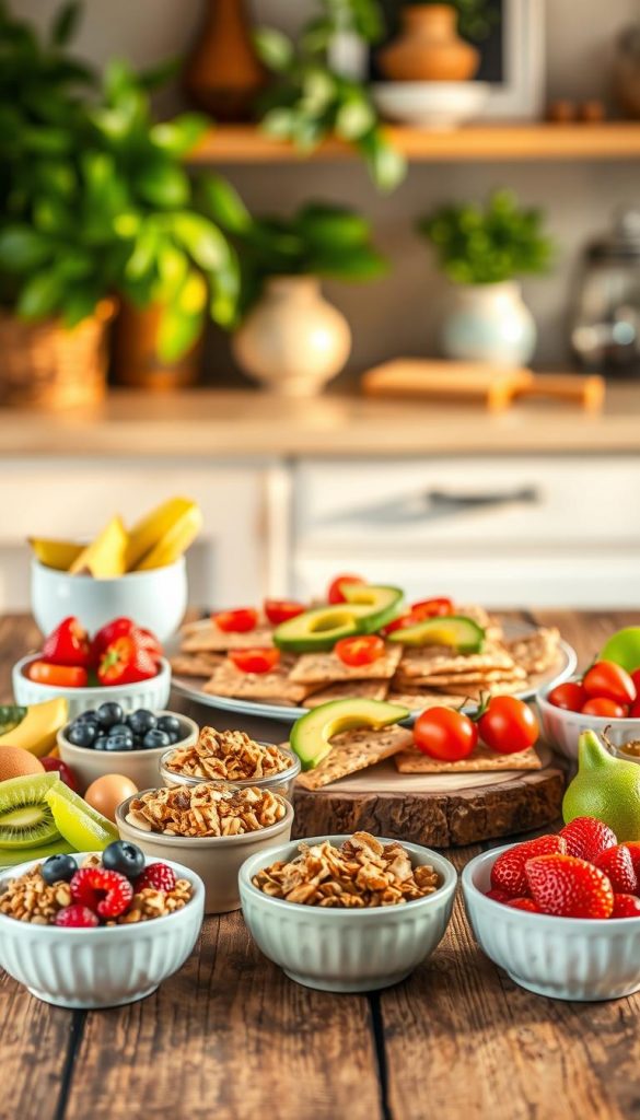 A beautifully arranged selection of sugar-free snacks presented on a rustic wooden table. In the foreground, display an assortment of colorful fruits like strawberries, blueberries, and kiwi, alongside small bowls filled with sugar-free granola and nut mixes. In the middle layer, showcase an elegant platter of gluten-free crackers topped with avocado and cherry tomatoes. The background features soft-focus greenery and a hint of a cozy kitchen, bathed in warm, natural light that creates a welcoming atmosphere. Use a shallow depth of field to emphasize the snacks while gently blurring the background. This composition reflects the theme of healthy indulgence and caters to dietary preferences, inspired by the brand "KlickKiste".
