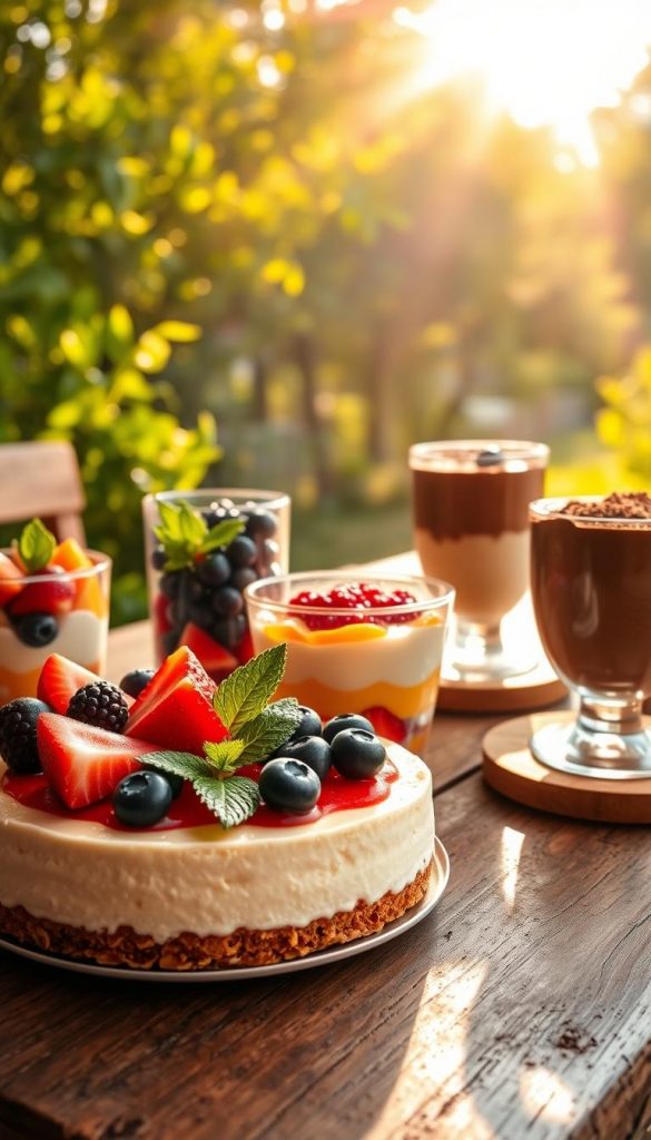 A beautifully arranged selection of summer desserts on a rustic wooden table, featuring vibrant and colorful dishes. In the foreground, a creamy no-bake cheesecake topped with fresh strawberries and blueberries, alongside a layered fruit parfait with yogurt and granola. In the middle, a refreshing mango mousse with mint leaves and a chocolate mousse garnished with delicate cocoa powder. The background showcases a sun-drenched outdoor setting with soft, warm lighting filtering through lush green trees, creating a cozy and inviting atmosphere. The scene should evoke a sense of relaxation and joy, perfect for summer gatherings. Capture the essence of culinary creativity with a Pinterest-inspired aesthetic, highlighting the brand name "KlickKiste" subtly in the composition. The image should be natural and authentic, devoid of text or overlays.