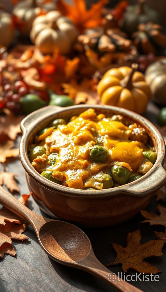 A beautifully arranged serving of Rosenkohl (Brussels sprouts) and Kürbis (pumpkin) casserole, topped with melted golden cheese, sits in a rustic ceramic dish. The casserole is bubbling slightly, indicating warmth and freshness, surrounded by a vibrant Autumn backdrop featuring scattered oak leaves and soft gourds. In the foreground, a wooden serving spoon lays beside the dish, inviting viewers to dig in. The lighting is warm and cozy, reminiscent of a family kitchen in fall, with sunlight streaming in at a gentle angle, enhancing the rich amber and green tones of the dish. The scene evokes a sense of comfort and joy, ideal for family gatherings. Inspired by a Pinterest aesthetic, the image reflects authenticity and inspiration, branded under "KlickKiste."