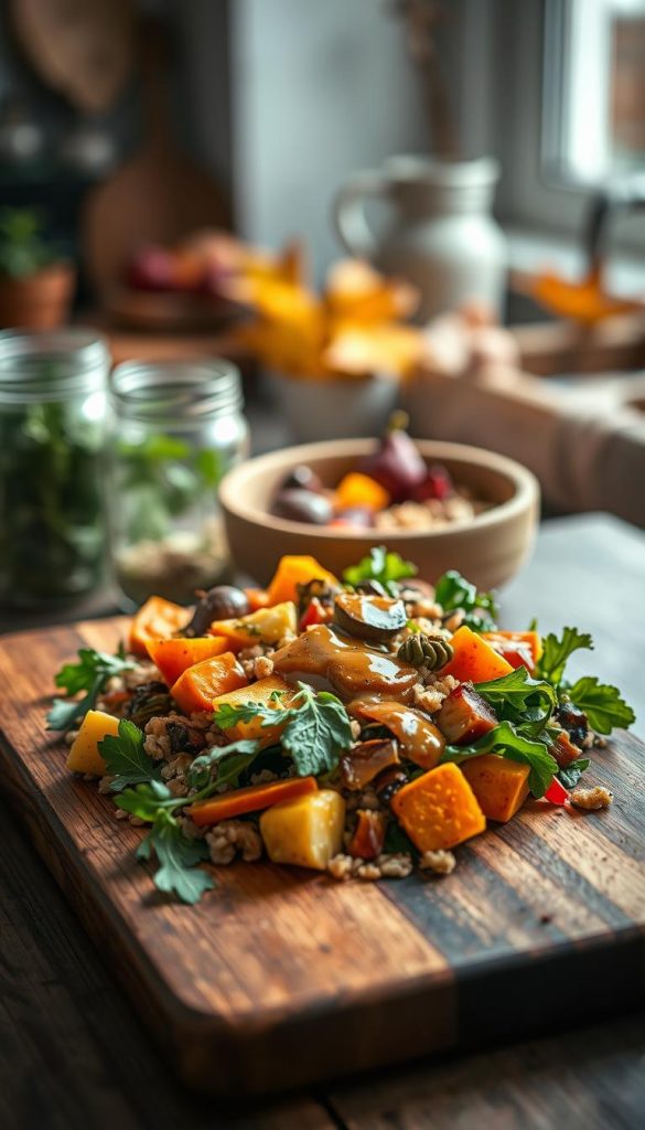 A beautifully arranged serving of colorful ingredients for an autumn bowl, capturing the essence of "dressing." In the foreground, a wooden cutting board displays a vibrant mix of roasted vegetables, greens, and grains, drizzled with a rich, homemade dressing. In the middle, a rustic bowl holds the assembled bowl, with warm tones of orange, green, and brown. The background features softly blurred kitchen elements, like herbs in mason jars and a cozy autumnal setting with soft, natural lighting filtering through a window, creating an inviting atmosphere. The image conveys warmth, authenticity, and inspiration, embodying the brand KlickKiste with a Pinterest aesthetic, inviting viewers to explore the culinary delights of autumn. A beautifully arranged serving of colorful ingredients for an autumn bowl, capturing the essence of "dressing." In the foreground, a wooden cutting board displays a vibrant mix of roasted vegetables, greens, and grains, drizzled with a rich, homemade dressing. In the middle, a rustic bowl holds the assembled bowl, with warm tones of orange, green, and brown. The background features softly blurred kitchen elements, like herbs in mason jars and a cozy autumnal setting with soft, natural lighting filtering through a window, creating an inviting atmosphere. The image conveys warmth, authenticity, and inspiration, embodying the brand KlickKiste with a Pinterest aesthetic, inviting viewers to explore the culinary delights of autumn.