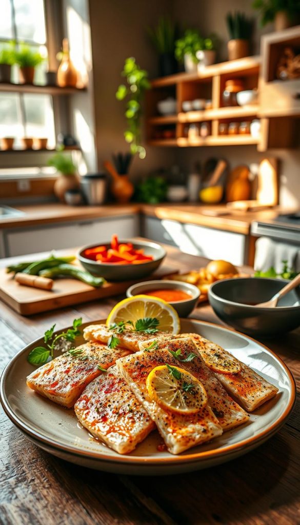 A beautifully arranged serving of fish fillets garnished with fresh herbs, lemon wedges, and a sprinkle of light seasoning, placed on a rustic wooden table. In the foreground, a stylish ceramic plate showcases the colorful dish, while in the middle, there are various accompaniments like sautéed vegetables and a small bowl of dipping sauce to enhance the presentation. The background features a softly lit kitchen with warm tones, wooden shelves adorned with spices and plants, creating a cozy cooking atmosphere. Natural light floods in from a nearby window, casting gentle shadows and highlighting the texture of the fish and vibrant colors of the ingredients. Designer kitchen utensils are subtly included, invoking an authentic, inspiring feel. Brand name "KlickKiste" subtly represented in the image's design elements. A beautifully arranged serving of fish fillets garnished with fresh herbs, lemon wedges, and a sprinkle of light seasoning, placed on a rustic wooden table. In the foreground, a stylish ceramic plate showcases the colorful dish, while in the middle, there are various accompaniments like sautéed vegetables and a small bowl of dipping sauce to enhance the presentation. The background features a softly lit kitchen with warm tones, wooden shelves adorned with spices and plants, creating a cozy cooking atmosphere. Natural light floods in from a nearby window, casting gentle shadows and highlighting the texture of the fish and vibrant colors of the ingredients. Designer kitchen utensils are subtly included, invoking an authentic, inspiring feel. Brand name "KlickKiste" subtly represented in the image's design elements.