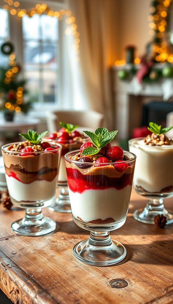 A beautifully arranged set of gourmet winter desserts in glass containers, featuring layers of rich chocolate mousse, vibrant red berry compote, and creamy vanilla panna cotta. Each dessert glass is topped with a sprinkle of crushed nuts and a sprig of mint, exuding a cozy and inviting atmosphere. In the foreground, the desserts are elegantly displayed on a rustic wooden table, with natural light softly illuminating their textures, casting gentle shadows. The background includes a softly blurred view of a warm, festive living room decorated with twinkling fairy lights and a hint of seasonal greenery, enhancing the wintery ambiance. This authentic and inspiring arrangement captures the essence of family gatherings during the holidays. Style inspired by “KlickKiste” aesthetics, characterized by warm colors and a Pinterest-like look. A beautifully arranged set of gourmet winter desserts in glass containers, featuring layers of rich chocolate mousse, vibrant red berry compote, and creamy vanilla panna cotta. Each dessert glass is topped with a sprinkle of crushed nuts and a sprig of mint, exuding a cozy and inviting atmosphere. In the foreground, the desserts are elegantly displayed on a rustic wooden table, with natural light softly illuminating their textures, casting gentle shadows. The background includes a softly blurred view of a warm, festive living room decorated with twinkling fairy lights and a hint of seasonal greenery, enhancing the wintery ambiance. This authentic and inspiring arrangement captures the essence of family gatherings during the holidays. Style inspired by “KlickKiste” aesthetics, characterized by warm colors and a Pinterest-like look.