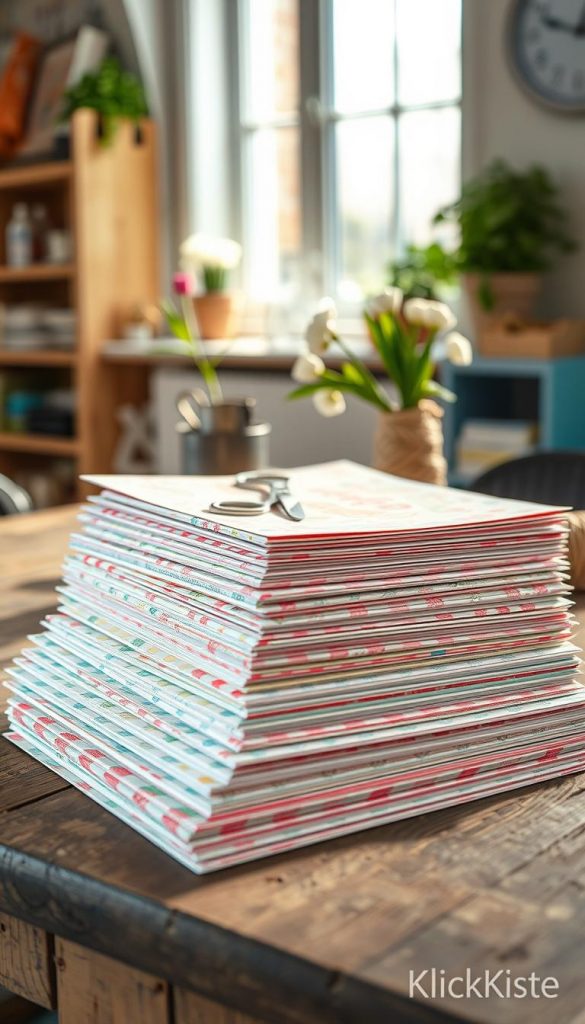 A beautifully arranged set of mesmerizing "vorlagen papier" stacked neatly on a rustic wooden table, showcasing vibrant pastel colors and intricate patterned designs. In the foreground, the delicate textures of the paper catch soft, natural light filtering through a nearby window, creating a warm, inviting atmosphere. The middle ground features a stylish pair of scissors and a roll of twine, suggesting a DIY crafting activity, while a potted spring flower adds a touch of nature. The background softly blurs to reveal hints of a well-organized craft space with shelves filled with crafting supplies. This image embodies authenticity, inspiration, and a Pinterest-like aesthetic, perfect for a vibrant DIY atmosphere, branded with "KlickKiste."