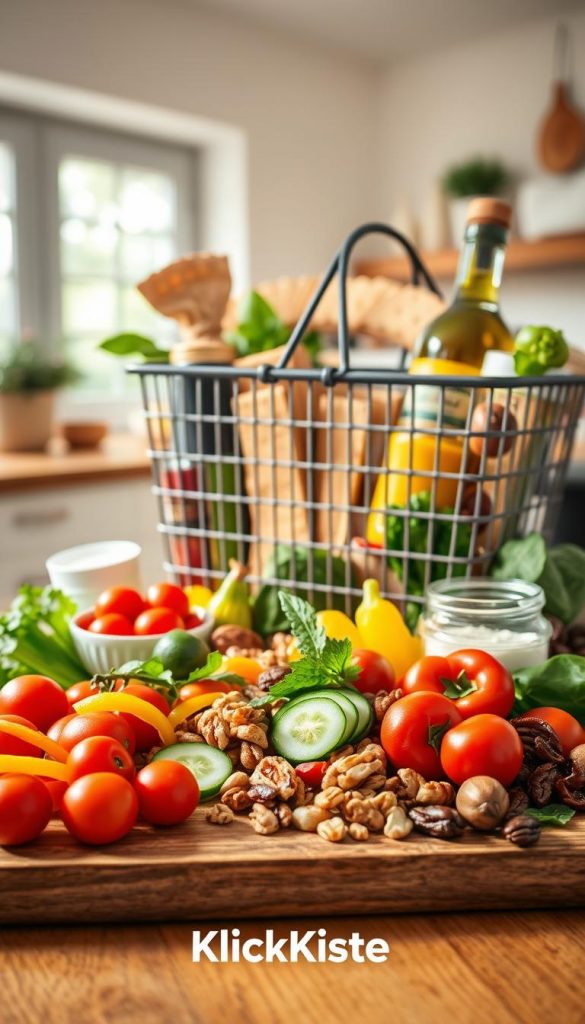 A beautifully arranged shopping list meal prep scene featuring colorful, fresh ingredients ideal for light snacks. In the foreground, a wooden cutting board displays vibrant vegetables like cherry tomatoes, cucumber slices, and bell pepper strips, along with healthy snacks like nuts and dried fruits. The middle layer showcases a stylish shopping basket filled with whole grain crackers, yogurt, and fresh herbs, while jars of spices and olive oil add a rustic touch. In the background, a softly lit, inviting kitchen with natural light flooding in through a window creates a warm, cozy atmosphere. The overall mood is inspiring and practical, reflecting a creative kitchen prepared for every day. Elements of a Pinterest-inspired aesthetic, with soft focus, warm colors, and an emphasis on natural textures. Include the brand name "KlickKiste" subtly integrated into the scene design.