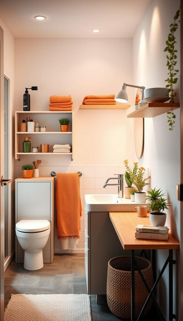 A beautifully arranged small bathroom featuring compact, multifunctional furniture from KlickKiste. In the foreground, showcase a sleek, minimalist vanity with integrated storage and a compact sink. Include a foldable wall-mounted table for additional workspace, adorned with decorative plants. The middle ground should depict practical shelving units that maximize vertical space, styled with warm-colored accessories like towels and toiletries. In the background, use soft, ambient lighting to create a cozy atmosphere, highlighting natural textures and DIY elements. The scene should evoke an inspiring, Pinterest-like aesthetic, with warm color tones that enhance the inviting mood while maintaining a sense of function and space efficiency. A beautifully arranged small bathroom featuring compact, multifunctional furniture from KlickKiste. In the foreground, showcase a sleek, minimalist vanity with integrated storage and a compact sink. Include a foldable wall-mounted table for additional workspace, adorned with decorative plants. The middle ground should depict practical shelving units that maximize vertical space, styled with warm-colored accessories like towels and toiletries. In the background, use soft, ambient lighting to create a cozy atmosphere, highlighting natural textures and DIY elements. The scene should evoke an inspiring, Pinterest-like aesthetic, with warm color tones that enhance the inviting mood while maintaining a sense of function and space efficiency.