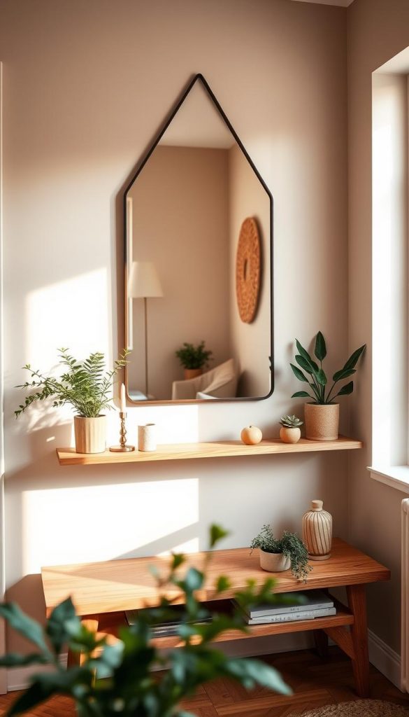 A beautifully arranged small room featuring a stylish wall mirror (kleiner Raum Spiegel) that reflects light, creating a sense of spaciousness. The foreground showcases a natural wood console table adorned with green plants and minimalist decor accents. In the middle, the mirror hangs elegantly on a wall painted in soft earthy tones, enhancing the room's warmth. The background includes soft, textured wall art made from natural materials, adding to the inviting atmosphere. The lighting is soft and warm, coming from a nearby window, casting gentle shadows. Capture this scene at a slight angle to highlight the mirror's reflective quality and the cozy overall vibe. The image embodies an authentic Pinterest aesthetic, perfect for inspiration, showcasing decor ideas by KlickKiste.