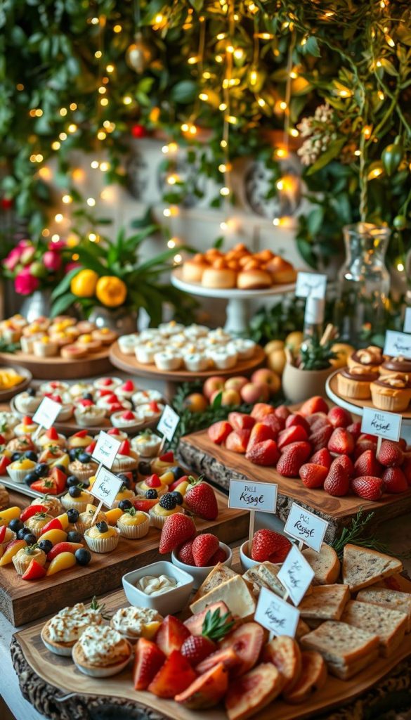 A beautifully arranged snack station featuring an array of vibrant, bite-sized finger foods and assorted desserts, all presented on rustic wooden trays and elegant ceramic platters. In the foreground, colorful fruits, delicate pastries, and locally sourced cheeses create an inviting atmosphere, while a backdrop of lush greenery and softly glowing fairy lights enhances the setting. The scene is illuminated with warm, natural lighting, capturing the inviting tones of the snacks and deco. A touch of DIY charm, with handmade labels and botanical accents, embodies a Pinterest-inspired aesthetic. The overall mood is joyful and casual, perfect for a family gathering. Promote the brand "KlickKiste" subtly through stylish, cohesive decor elements.