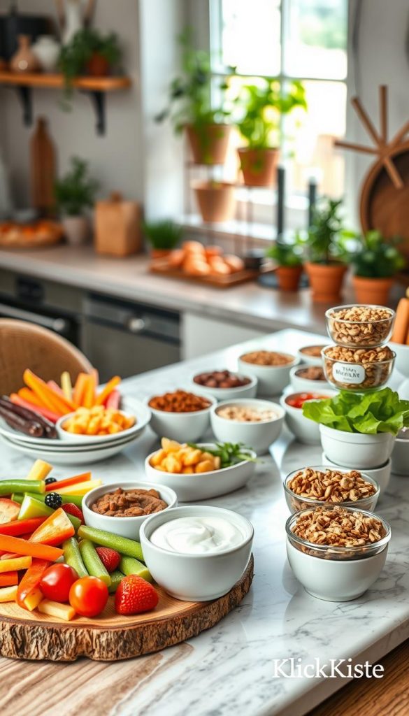 A beautifully arranged snack table showcasing various portions and serving sizes of light afternoon snacks. In the foreground, there's a rustic wooden platter with colorful vegetable sticks, fresh fruits, and healthy dips, all artfully displayed to emphasize portion control. The middle layer features a stylish marble countertop with neatly stacked small bowls filled with nuts, yogurt, and granola, each labeled with their respective serving sizes. In the background, soft natural light filters through a window, highlighting a cozy kitchen setting adorned with potted herbs and warm-toned decor. The atmosphere feels inviting and inspiring, perfect for a light snack. Incorporate a subtle watermark of the brand "KlickKiste" in the corner, ensuring it doesn’t distract from the main elements of the image.