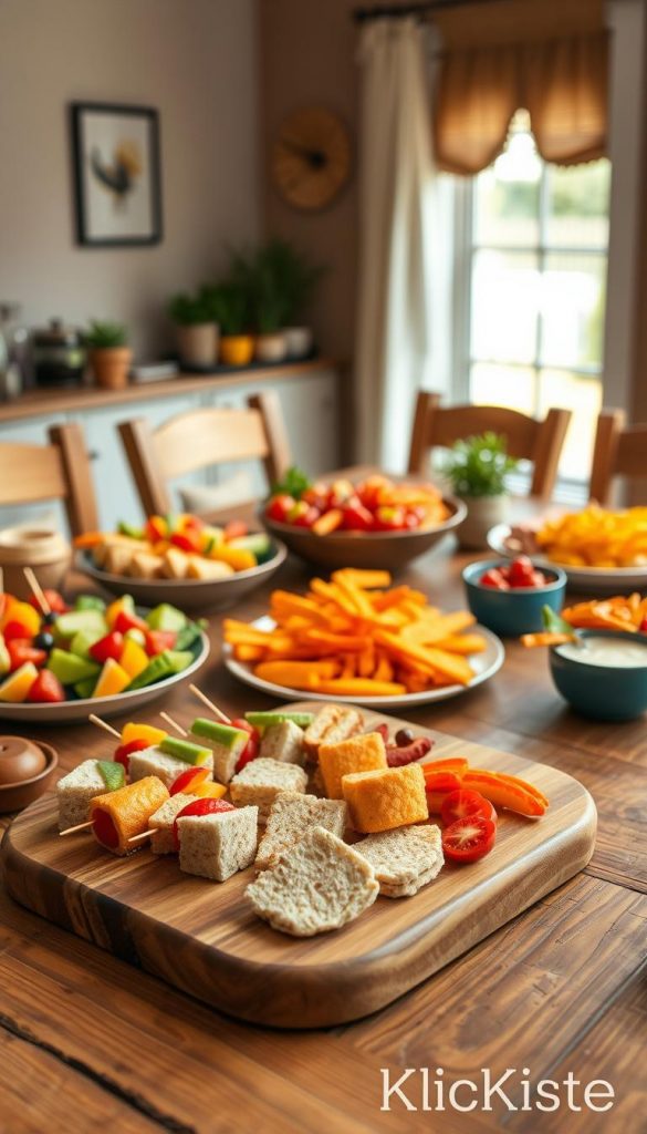 A beautifully arranged spread of family-friendly snacks on a rustic wooden table, showcasing a variety of vibrant, healthy options. Include colorful fruit skewers, mini sandwiches cut into fun shapes, and a selection of crunchy veggie sticks served with dips in small bowls, all styled in a warm, inviting atmosphere. In the foreground, place a charming wooden serving board with fresh snacks, while the middle ground features plates filled with delightful treats and bright, fresh ingredients. The background should include soft, natural lighting filtering through a nearby window, creating a cozy ambiance. The overall mood is warm and inspiring, reflecting a Pinterest-worthy aesthetic, branded subtly with "KlickKiste" around the edge of the table, ensuring no text is overtly present.