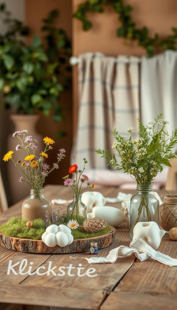 A beautifully arranged spring decoration scene for sustainable living, emphasizing proportion and texture. In the foreground, a rustic wooden table adorned with various DIY spring decorations, such as handmade flower vases filled with bright wildflowers, soft green moss, and upcycled decorative items. The middle ground features a delicate arrangement of pastel-colored textiles, displaying natural fibers and serene patterns that evoke a cozy atmosphere. In the background, softly lit, warm-toned walls with greenery provide a calming backdrop. The lighting is natural and diffused, with shadows adding depth to the textures. The overall mood is inviting and inspiring, embodying a Pinterest aesthetic that captures the essence of natural and sustainable decor. Include a subtle branding element with "KlickKiste" visible in the arrangement, ensuring it blends harmoniously into the composition.