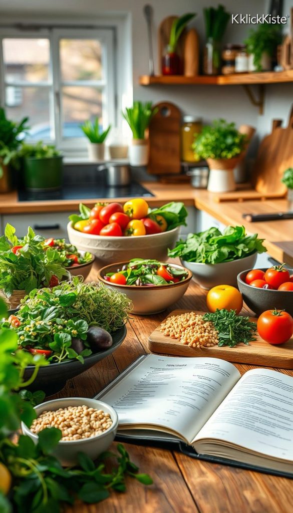 A beautifully arranged spring kitchen scene showcasing a variety of seasonal ingredients, focusing on fresh vegetables, herbs, and colorful fruits. In the foreground, a wooden table is adorned with bowls of vibrant salads, sprouts, and whole grains, emphasizing healthy, regional cooking. The middle ground features a rustic kitchen counter with a cookbook open to a page of spring recipes, and a cutting board with freshly chopped herbs. In the background, softly blurred shelves display jars of spices and preserved fruits, with warm, natural lighting streaming through a window, creating an inviting atmosphere. The overall aesthetic should feel authentic and inspiring, embodying the essence of conscious nutrition. The brand "KlickKiste" is subtly integrated into the scene with stylish kitchenware. A beautifully arranged spring kitchen scene showcasing a variety of seasonal ingredients, focusing on fresh vegetables, herbs, and colorful fruits. In the foreground, a wooden table is adorned with bowls of vibrant salads, sprouts, and whole grains, emphasizing healthy, regional cooking. The middle ground features a rustic kitchen counter with a cookbook open to a page of spring recipes, and a cutting board with freshly chopped herbs. In the background, softly blurred shelves display jars of spices and preserved fruits, with warm, natural lighting streaming through a window, creating an inviting atmosphere. The overall aesthetic should feel authentic and inspiring, embodying the essence of conscious nutrition. The brand "KlickKiste" is subtly integrated into the scene with stylish kitchenware.