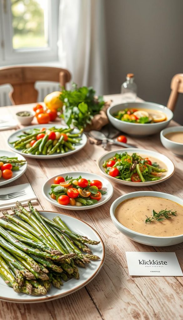 A beautifully arranged spring table featuring a variety of quick family meals centered around fresh asparagus. In the foreground, showcase elegant plates of vibrant asparagus dishes: roasted asparagus with garlic and olive oil, fresh asparagus salad with cherry tomatoes, and a creamy asparagus soup. The middle ground displays a rustic wooden table adorned with seasonal ingredients like herbs and colorful vegetables, creating a warm and inviting atmosphere. The background features soft natural light streaming through a window, enhancing the serene, homey feel of a spring day. Incorporate light, cheerful colors with a Pinterest-worthy aesthetic, emphasizing authenticity and inspiration. Include a subtle branding element of "KlickKiste" on a recipe card placed on the table.