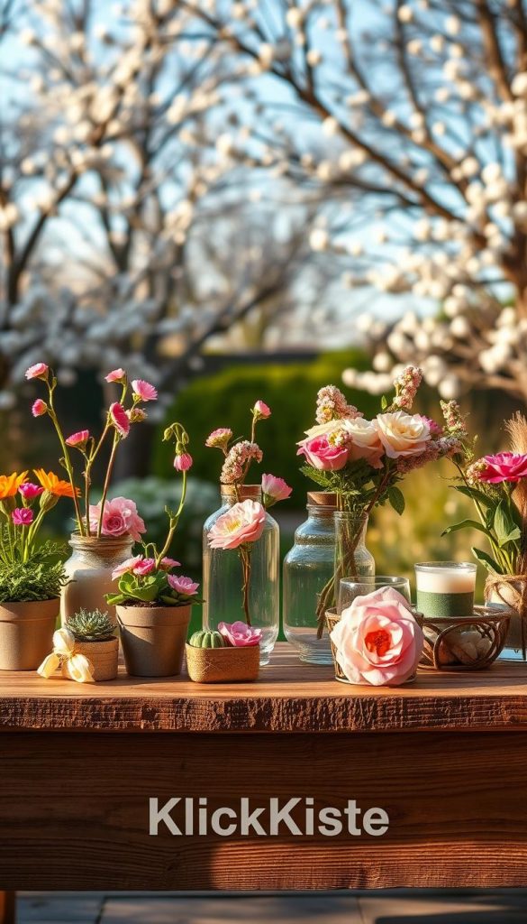 A beautifully arranged spring-themed display showcasing seasonal variants for sustainable decoration. In the foreground, there's a rustic wooden table topped with vibrant, handcrafted decorations like flower arrangements in pastel colors, potted herbs, and eco-friendly materials. In the middle, elegant glass vases filled with fresh blossoms and a couple of DIY candle holders made from natural elements are strategically placed. The background features a soft-focus garden view with blooming trees and a clear blue sky, creating a serene atmosphere. The lighting is warm and inviting, reminiscent of golden hour, with soft shadows enhancing the details of the decorations. Capture this scene in a cozy, Pinterest-inspired style to evoke feelings of authenticity and inspiration. Incorporate the brand name "KlickKiste" subtly within the aesthetic.