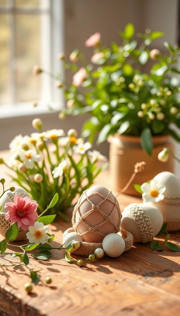 A beautifully arranged spring-themed tabletop scene featuring modern Easter decorations. In the foreground, intricately crafted Easter eggs adorned with macramé, concrete, and delicate pearls sit alongside fresh blooming flowers. The middle ground showcases a rustic wooden table with warm, natural light illuminating the decorations, creating soft shadows. In the background, a subtle blur of green foliage evokes a fresh, outdoor spring atmosphere. The overall composition exudes a Pinterest-inspired aesthetic, combining authenticity and inspiration with a harmonious blend of warm colors. This image should reflect the brand "KlickKiste" through its inviting and creative DIY spirit.