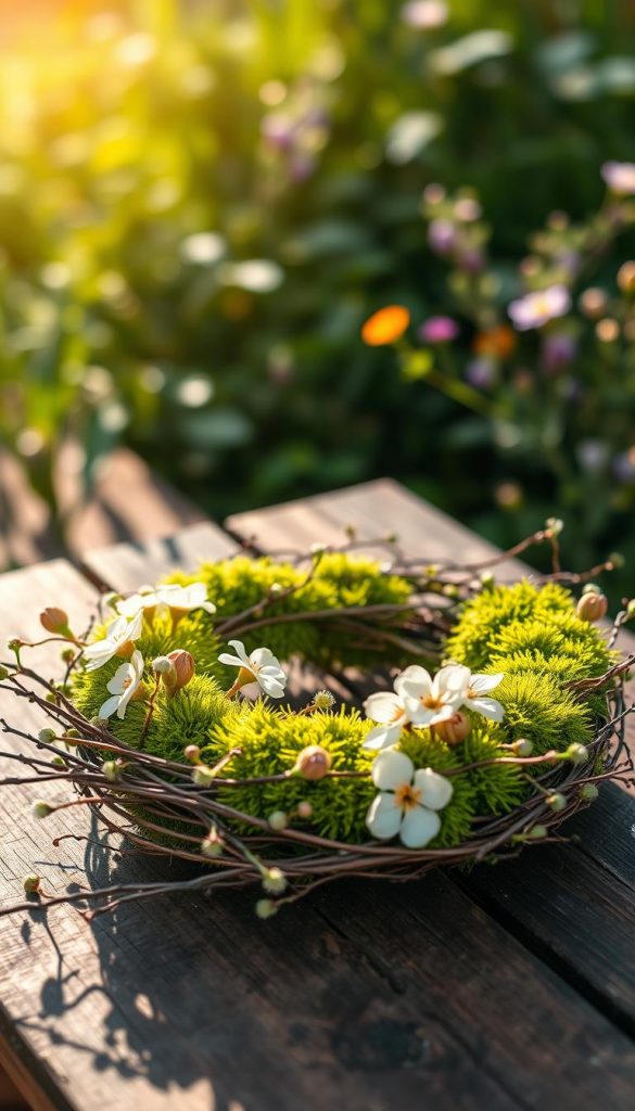 A beautifully arranged spring wreath featuring fresh twigs and vibrant green moss, placed on a rustic wooden table. In the foreground, the wreath is adorned with delicate pastel-colored flowers, creating a soft and inviting focal point. The middle section showcases a scattering of additional twigs and moss, enhancing the natural aesthetic. In the background, dreamlike soft-focus greenery and hints of wildflowers complement the spring theme. The lighting is warm and natural, reminiscent of a sunny afternoon, casting gentle shadows. The overall mood is serene and inspiring, perfect for a DIY spring décor project. The image embodies the essence of natural craftsmanship and creativity, suitable for a Pinterest-inspired aesthetic. Brand name: KlickKiste.