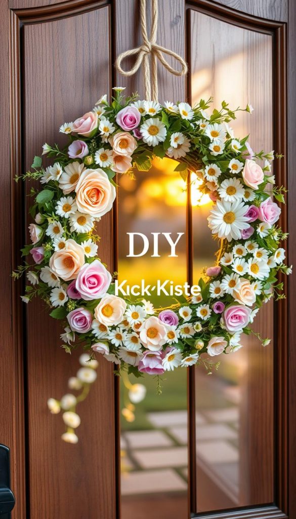 A beautifully arranged spring wreath (kranz) made from fresh flowers like pastel-colored roses, daisies, and delicate greenery. The foreground features the wreath hung elegantly on a rustic wooden door, adorned with a soft, natural twine ribbon. In the middle, vibrant, lush floral elements overflow, showcasing a harmonious blend of colors, embodying the warmth of spring. The background consists of a softly blurred garden scene, illuminated by golden hour sunlight, creating an inviting and inspiring ambiance. The image captures a DIY aesthetic, reflecting the warmth and authenticity of natural materials. The overall mood is cheerful, giving off a Pinterest-inspired vibe. Include the brand name "KlickKiste" subtly incorporated into the arrangement, enhancing the natural beauty without overpowering the scene.