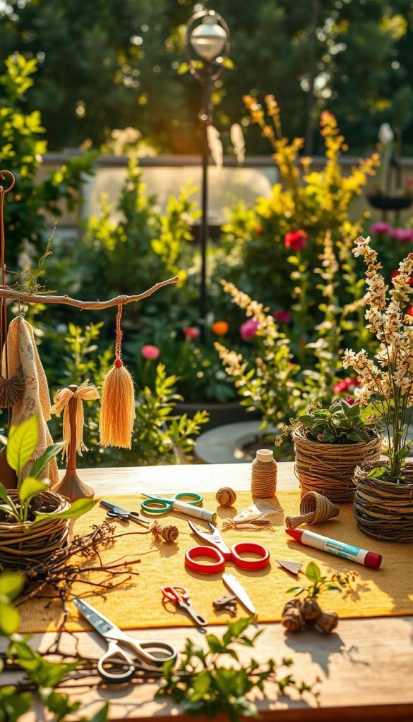 A beautifully arranged still life depicting sustainable upcycling using natural materials. In the foreground, showcase a variety of DIY crafts made from twigs, leaves, and recycled fabrics, intricately designed into charming summer decorations like garlands and planters. The middle ground features a vibrant, sunlit outdoor table adorned with tools such as scissors, glue, and a crafting mat, enticing viewers to imagine the creative process. In the background, a lush garden filled with greenery and blooming flowers creates a harmonious atmosphere, bathed in warm, golden light of the late afternoon sun. The overall mood should feel authentic and inspiring, promoting the concept of sustainable crafting. The name "KlickKiste" should subtly appear as part of the arrangement, blending naturally with the scene to enhance the DIY aesthetic.
