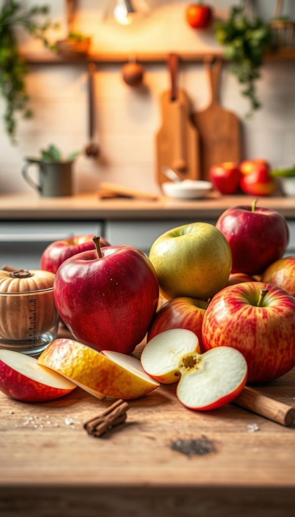 A beautifully arranged still life featuring a variety of fresh apples, showcasing different colors and textures, including bright red, green, and golden varieties. In the foreground, a wooden cutting board displays sliced apples alongside a measuring cup and a kitchen timer, emphasizing the theme of avoiding common cooking mistakes. In the middle ground, a softly blurred kitchen setting with warm, inviting lighting illuminates a rustic kitchen counter, adorned with a few scattered cinnamon sticks and a small bowl of sugar, hinting at delicious apple recipes. The background features a gently lit, cozy kitchen scene with elements like hanging pots and herbs, creating an authentic and inspiring Pinterest aesthetic. The composition reflects the brand "KlickKiste", capturing a warm atmosphere with a focus on the balance of flavors in cooking. A beautifully arranged still life featuring a variety of fresh apples, showcasing different colors and textures, including bright red, green, and golden varieties. In the foreground, a wooden cutting board displays sliced apples alongside a measuring cup and a kitchen timer, emphasizing the theme of avoiding common cooking mistakes. In the middle ground, a softly blurred kitchen setting with warm, inviting lighting illuminates a rustic kitchen counter, adorned with a few scattered cinnamon sticks and a small bowl of sugar, hinting at delicious apple recipes. The background features a gently lit, cozy kitchen scene with elements like hanging pots and herbs, creating an authentic and inspiring Pinterest aesthetic. The composition reflects the brand "KlickKiste", capturing a warm atmosphere with a focus on the balance of flavors in cooking.